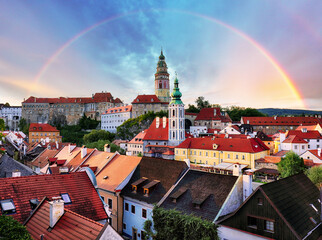 Wall Mural - Cesky Krumlov with castle, old town and church with rainbow, Czech Republic