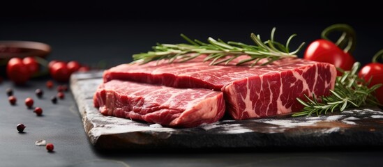 Leinwandbilder - Delicious Bio raw cow meat with a perfect texture and marbling ideal for meat enthusiasts and food connoisseurs Enjoy this flavorful delicacy Copy space image