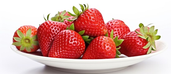 Poster - A close up view from above of a plate of fresh strawberries which are part of a healthy raw diet The image is isolated on a white background and includes copy space for text or framing