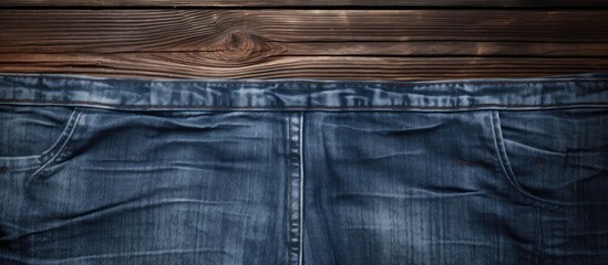 Poster - Blue jean viewed from above isolated on a wooden backdrop The image offers room for text. with copy space image. Place for adding text or design