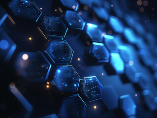 Poster - Vibrant Blue Hexagonal Geometry Displaying a Dynamic Composition of Light Points and Lines. The Sharp Contrast of Colors and Geometric Shapes Highlight the Unique Design. Dark Background