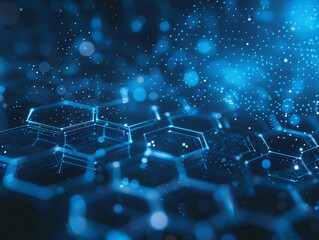 Poster - Futuristic Technology Background Featuring an Interconnected Network of Hexagonal Structures and Dot Elements. Deep Blue Hues and Sharp Textures Convey a Sense of Advanced Technology. Minimalistic Des