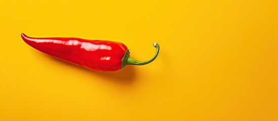 Poster - Top view of a red chili pepper on a yellow background The image is a flat lay with a close up view that leaves empty space for copy It exemplifies the concept of food