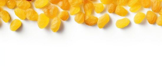 Poster - A copy space image of yellow raisins seen from above set against a white background allowing room for text