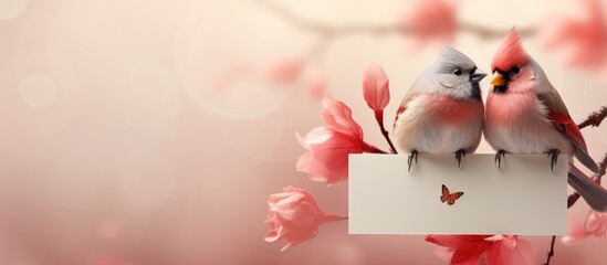 Aufkleber - A small bird is perched on a valentine card held by a married couple. with copy space image. Place for adding text or design