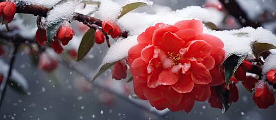 Poster - A snow covered red camellia adds a touch of vibrant color to the winter scenery. with copy space image. Place for adding text or design