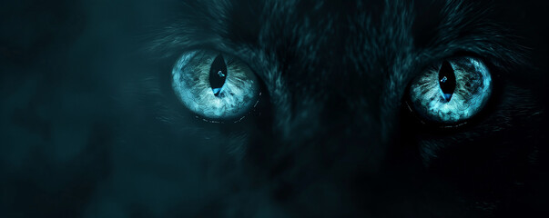 Feline eyes in the dark, panoramic view, generated ai
