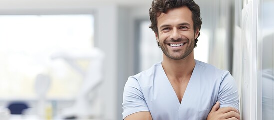 Poster - A young and handsome physiotherapist man with a cheerful smile presents and points with the palm of his hand while looking at the camera in a pain recovery clinic Note that the phrase copy space image
