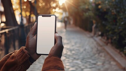 Mockup image of hands holding mobile phone with blank white screen in the park.