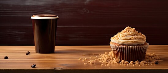 Poster - A wooden tabletop covered with brown paper holds a black coffee cup and a delicious cupcake topped with sweet jam creating a perfect copy space image