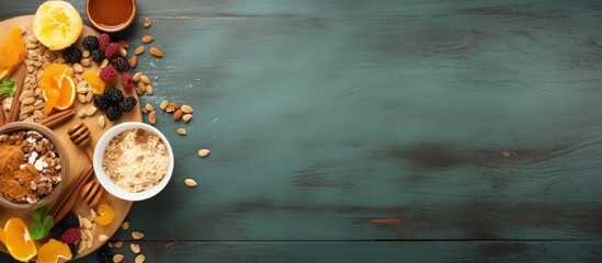 Aufkleber - A healthy breakfast set consisting of granola with dry fruits nuts and honey presented from a top view with ample copy space in the image
