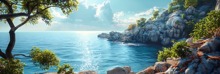 Wall Mural - Large stone cliffs of the seashore surrounded by blue waters of the sea, green trees and bushes crawl the stones realistic nature and landscape