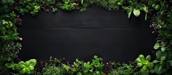 Aufkleber - The flat lay image showcases a frame composed of various microgreens spread across a black table leaving ample copy space for text