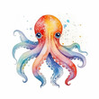 Octopus isolated on a white background. Watercolor underwater animal with splashes illustration. Colorful sea character for your design.