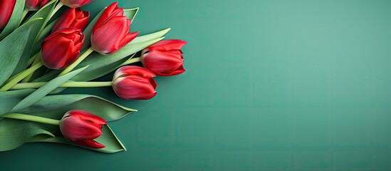 Poster - Top view copy space image of a bouquet of red tulips on a green background perfect for occasions like Mother s Day Valentine s Day or birthday celebrations Would work well as a greeting card