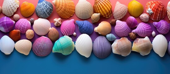 Aufkleber - A top view of sea shells on a colorful background creating a summer themed copy space image
