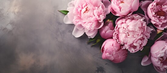 Poster - A beautiful arrangement of pink peonies rests on a textured background providing ample copy space for text The flowers are displayed in a flat lay style