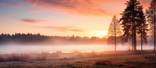 Aufkleber - A misty morning in Spessart with a stunning sunrise and plenty of copy space image