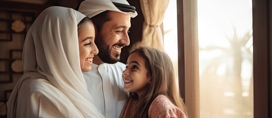Poster - Arabic parents happily pose with their young daughter in a homey setting The portrait captures their joyful bond in a comfortable environment. with copy space image. Place for adding text or design