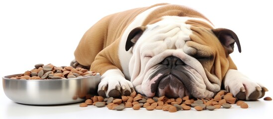 Aufkleber - A Bulldog with a comical expression sticks out his tongue while resting against a white background with a bowl of dog food placed in front of him 104 characters. with copy space image