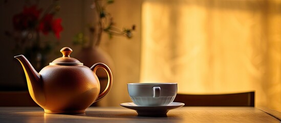 Poster - An elegant teapot placed on a bright table in a well lit room creating a photograph with ample copy space image