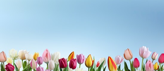 Poster - A panoramic flat lay image featuring a bouquet of tulip flowers against a blue sky background with ample copy space