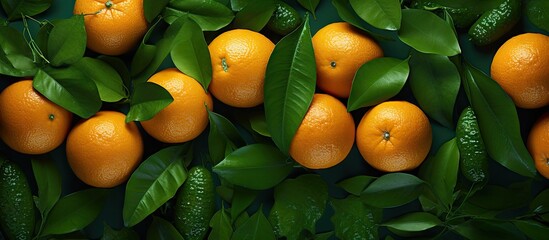 Aufkleber - A top view of organic tangerines arranged on a green background suitable for a copy space image