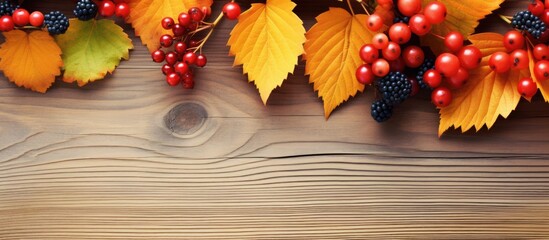 Aufkleber - Bright autumn leaves and ripe berries beautifully frame the copy space image