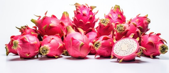 Poster - Dragon fruits arranged on a white surface with plenty of empty space around the fruits for graphical or textual additions. with copy space image. Place for adding text or design