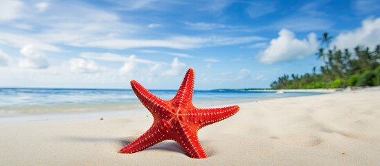 Poster - A vibrant red starfish rests on a beautiful tropical beach creating a picturesque scene ideal for copy space images