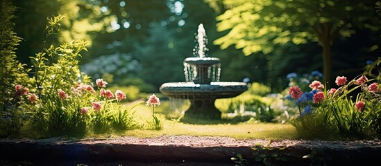 Poster - In the garden there is a charming spring water fountain providing a picturesque view with ample copy space image