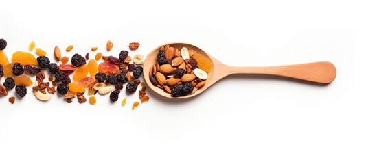Aufkleber - A top down view of dried fruit tea displayed on a white background with a wooden spoon nearby There is an empty area providing space for text Copy space image