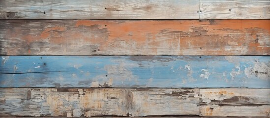 Poster - Street fence made of worn wooden boards Peeling paint reveals faded texture Ample empty area for copy space image