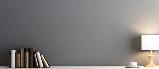 Poster - A copy space image featuring a white notebook opened on a bookshelf against a gray wall showcasing the design concept