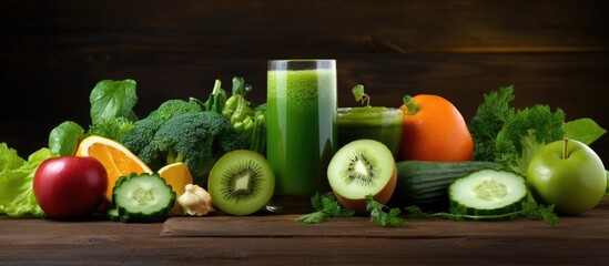 Poster - Close up copy space image of a refreshing and nourishing green juice made with a vibrant assortment of fruits and vegetables on a rustic wooden table