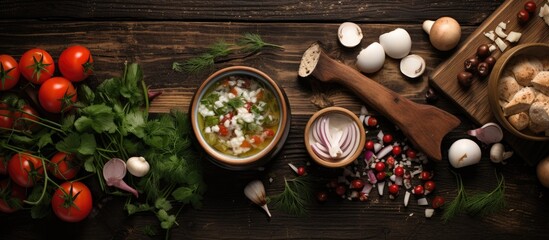 Aufkleber - Wooden background showcasing various ingredients for okroshka. with copy space image. Place for adding text or design