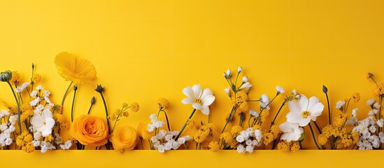 Poster - A stunning display of spring wildflowers on a vibrant yellow backdrop adding an enchanting touch to the scene A perfect copy space image