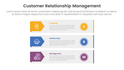 Poster - CRM customer relationship management infographic 3 point stage template with big rectangle stack with arrow badge on side for slide presentation