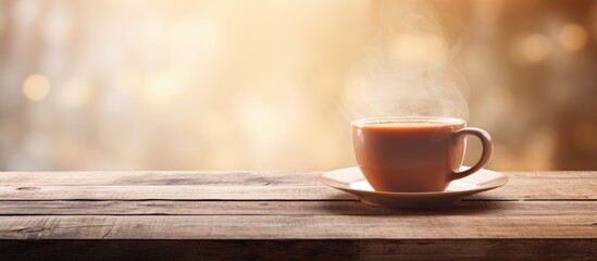 Poster - Relaxing cup of tea on a wooden table with light texture Represents relaxation holidays and weekends Copy space image
