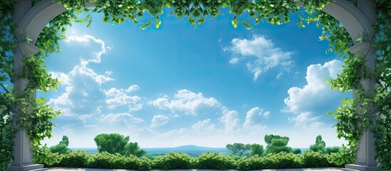 Aufkleber - A vibrant outdoor scene with a clear blue sky lush green leaves on the trees and a decorative frame providing a visually appealing image for design wallpaper or stretch ceiling decoration