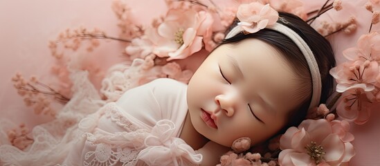 Poster - Newborn Asian baby girl peacefully sleeping on a lace with a delicate flower pattern creating an adorable photo concept with ample copy space image