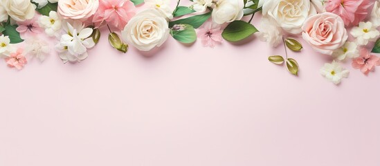 Aufkleber - Valentine s Day and Women s Day copy space image with pink white and green flowers along with petals on a pastel vintage festive template background
