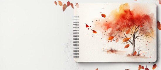 Aufkleber - An autumn themed design template featuring an artist s sketchbook mock up The mock up showcases a watercolor sketch of fall trees It is shot from the top on a white background allowing for copy space