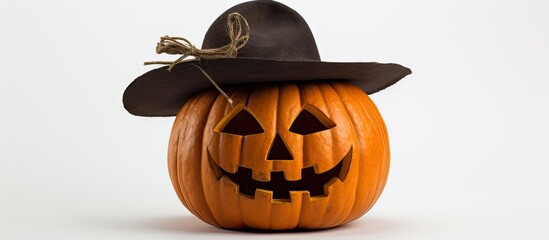 Poster - Copy space image of an American traditional holiday symbol an isolated white background Halloween pumpkin wearing a hat