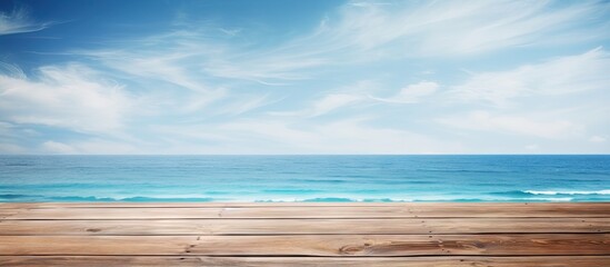 Aufkleber - A wooden table surface placed on a serene backdrop of the summer ocean and sky creates a perfect blend It offers ample copy space for showcasing your product designs or creating montages