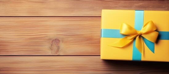 Poster - A stunning gift box adorned with a colorful bow rests on a vibrant yellow wooden table Captured from above this banner offers ample copy space to showcase your unique design