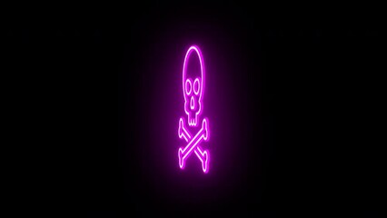 Poster - Neon jolly roger sign animation, rotation around vertical axis. Glowing neon 3D skull crossbones icon, looped spin. Pirate skull emoji, corsair cranium, danger, death warning, skeleton. Magenta, red
