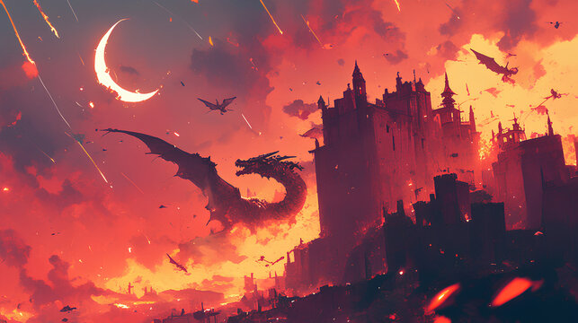 dragon destroys castle 2D illustration