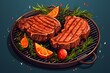 Two juicy and delicious grilled steaks with orange slices and rosemary on a grill pan.