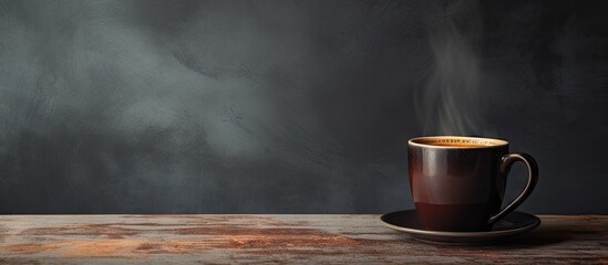 Poster - A dark coffee cup rests on a grungy background providing just enough empty space for other elements in the image. with copy space image. Place for adding text or design